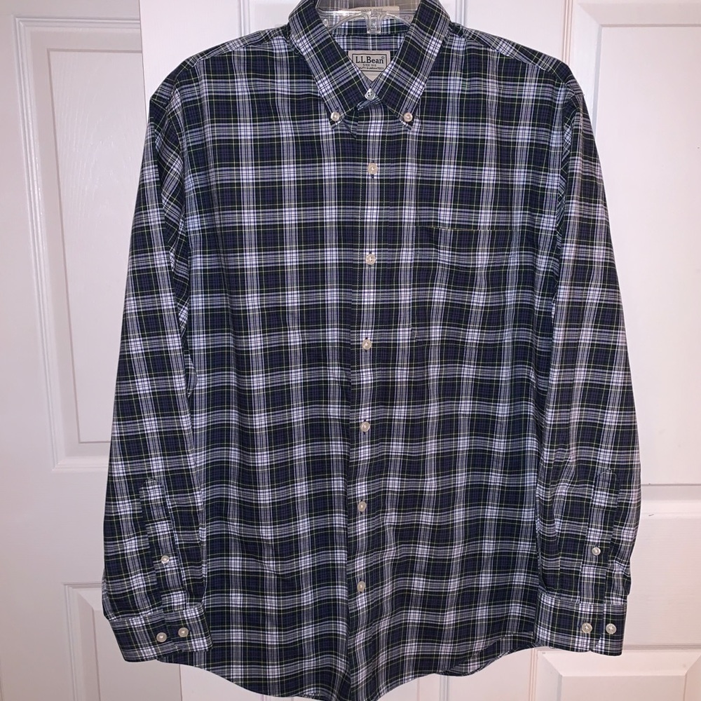 LL‎ Bean Men’s Blue White Green Plaid Button Down Shirt Wrinke Free Size Med EUC